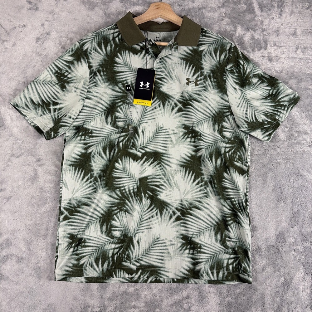 Under Armour Golf Polo Shirt Mens Medium Printed Palm Leaf Green Matchplay NWT